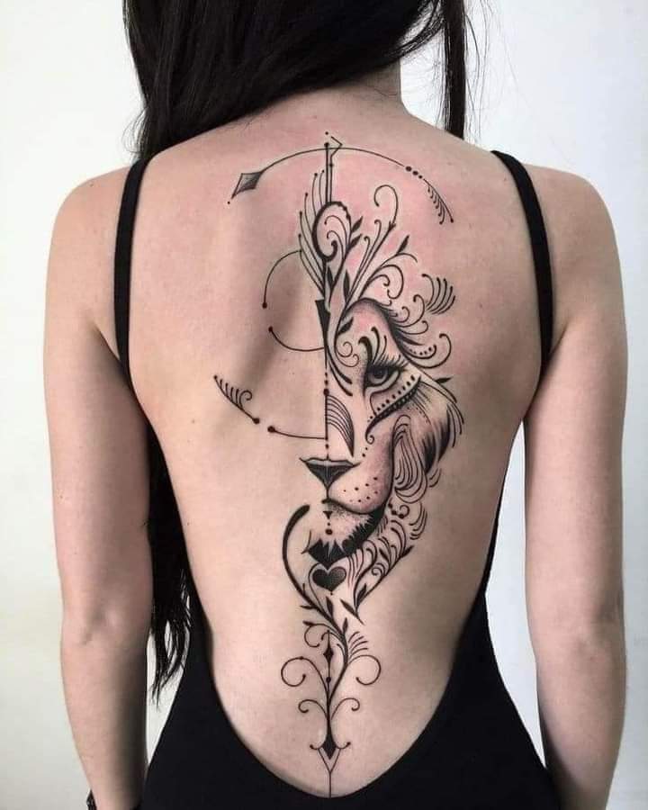 Femenino Tatuajes en la Espalda Media cara de Leon con flecha a lo largo de la columna con circulos