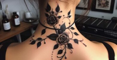 999 Tatuajes en el Cuello Nuca Hechos por IA ramas y hojas negras de rosas