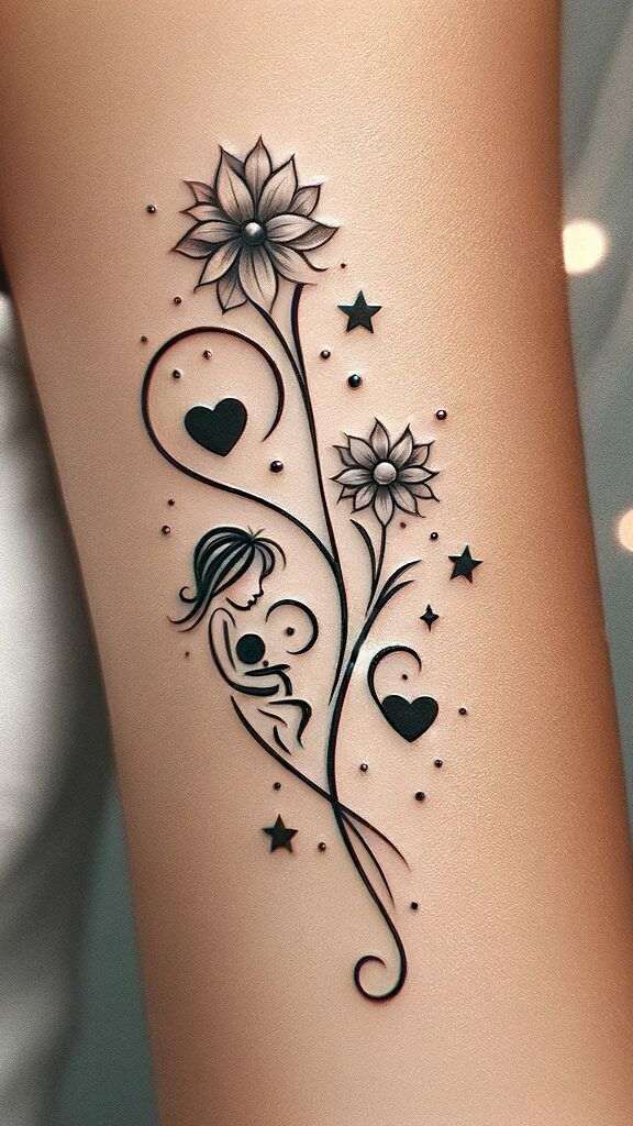 153 Tatuajes Petite adornos en negro con flores madre con hijo bebe 153 Tatuajes Petite adornos en negro con flores madre con hijo bebe