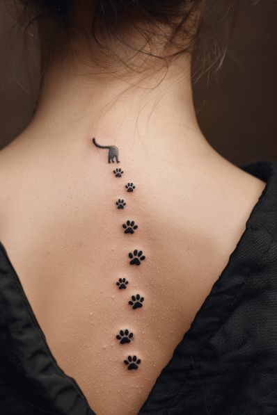 346 Tatuajes Petite gato pequeño en la espalda con huellas por la columna 346 Tatuajes Petite gato pequeño en la espalda con huellas por la columna