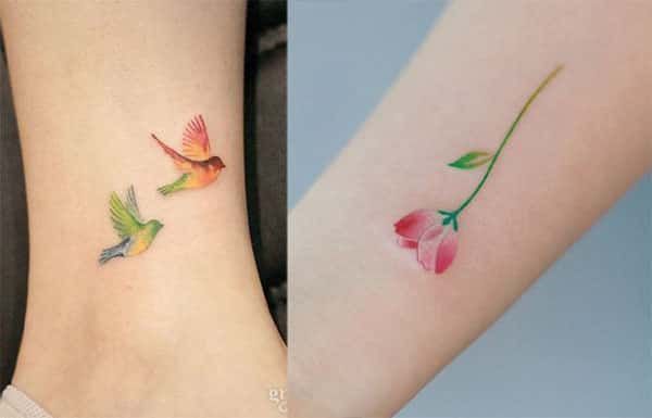 5 TOP 5 Pequenas tatuagens coloridas para mulheres pássaros verdes e laranja e papoula no pulso e na panturrilha
