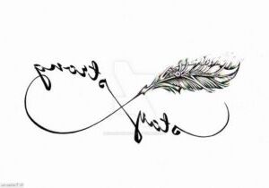 infinity tattoo with feather and inscription