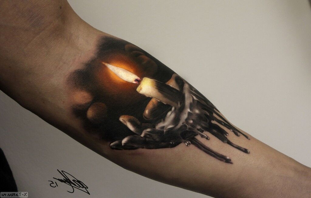 a lit chandelier on the forearm