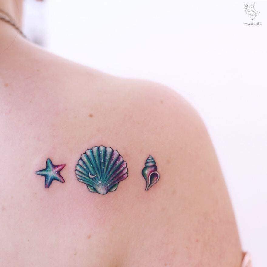 Tatuadores Ayhan Karadağ caracol estrela do mar e concha