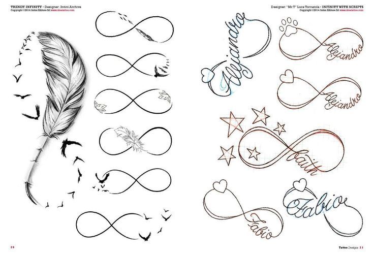 Skizzen und Schablonen von Tattoos of Infinity, Sternen, Namen, Federn und Vögeln