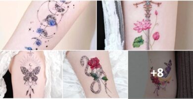 COLLAGE Tatuaggi di pugnali, croci e accessori d'epoca per donna