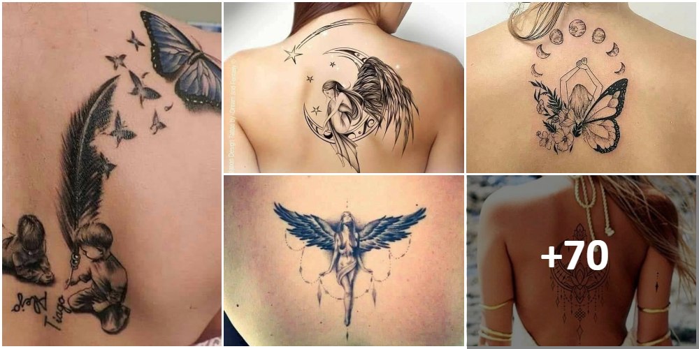 Collage del tatuaggio della schiena della donna