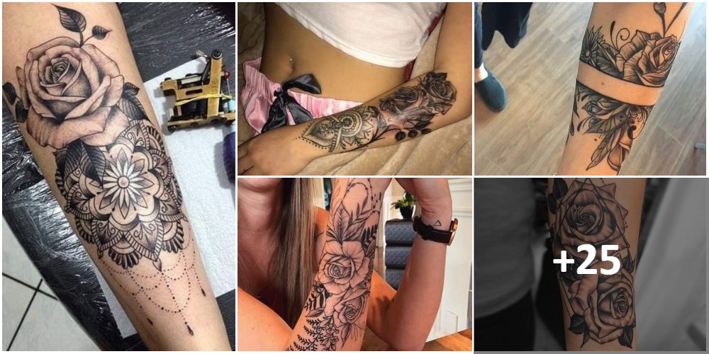 Tatuaggi Collage BlackWork sull'avambraccio della donna