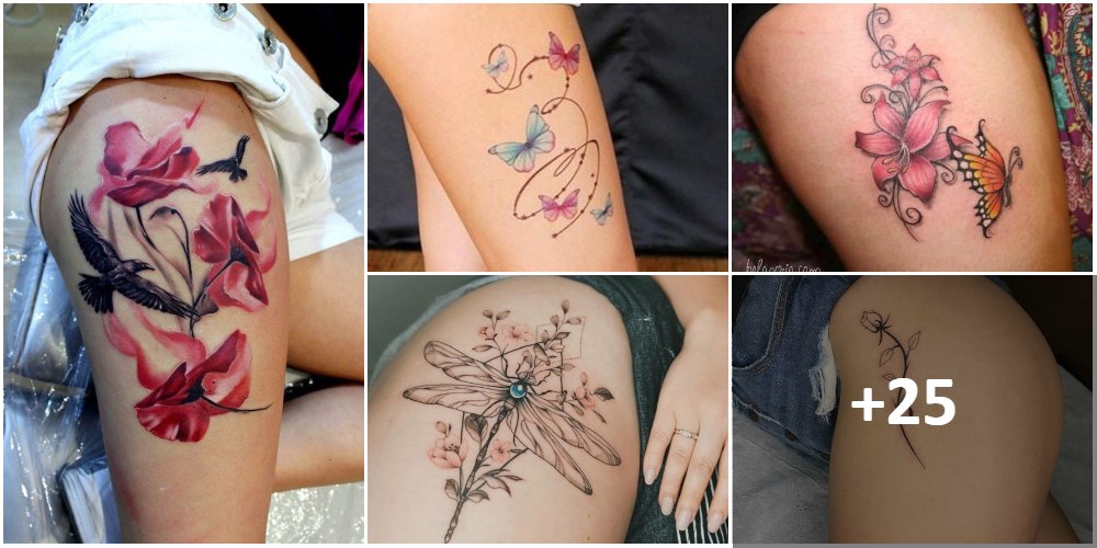 Colagem de tatuagens femininas na coxa