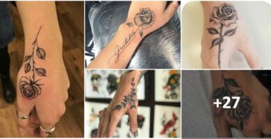 Collage-Tattoos aus schwarzen Rosen auf der Hand