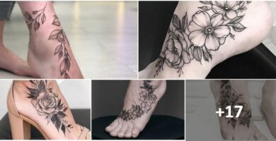 Collage-Tattoo des Fußspanns einer Frau