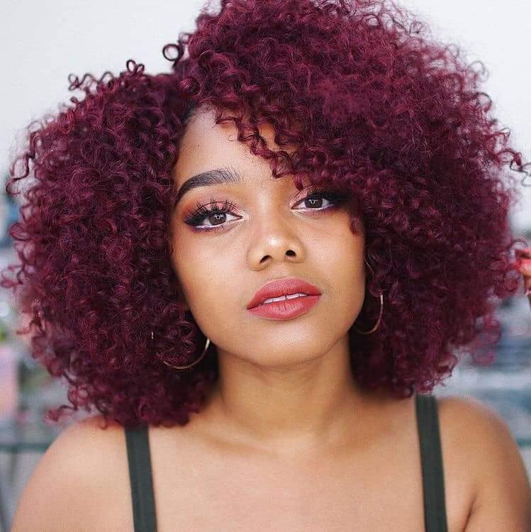 Wine Color Curls Haircuts with parting in the middle