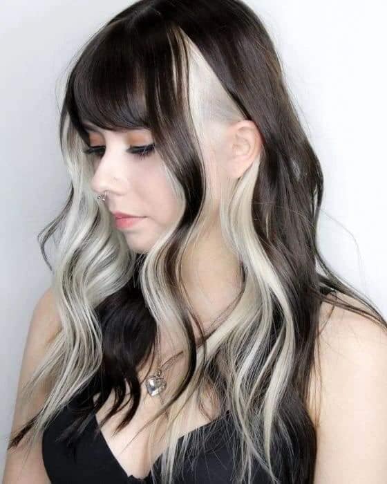 Black and White Haircuts bangs and natural chestnut upper part and bleached lower part