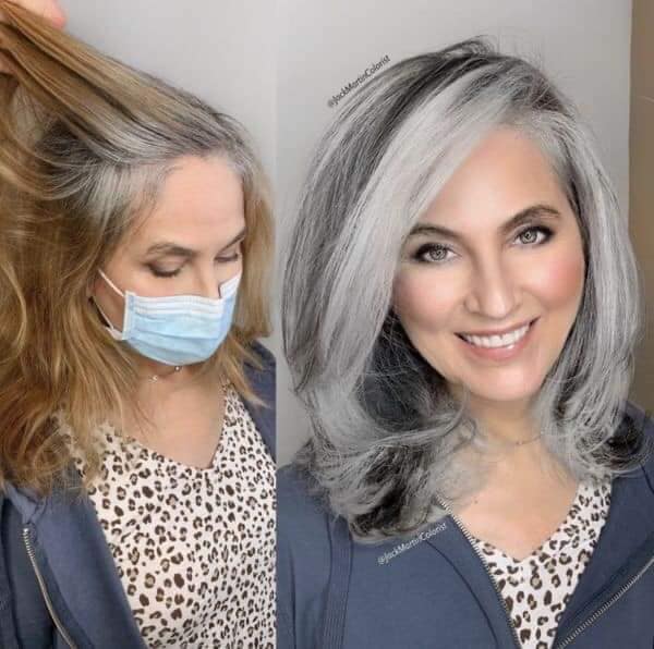 Bedecken Sie Ihr graues Haar mit der Farbe Silber oder Asche. Vor und nach 1