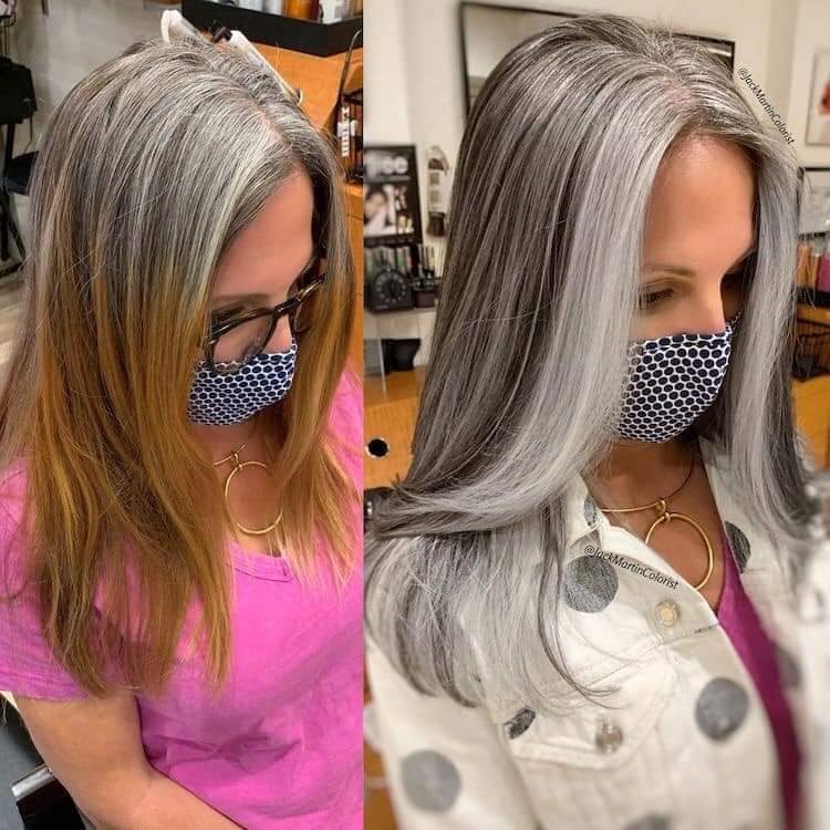 Bedecken Sie Ihr graues Haar mit Silber- oder Aschefarbe. Vor und nach dem Abbau von Catano Clear zu Asche