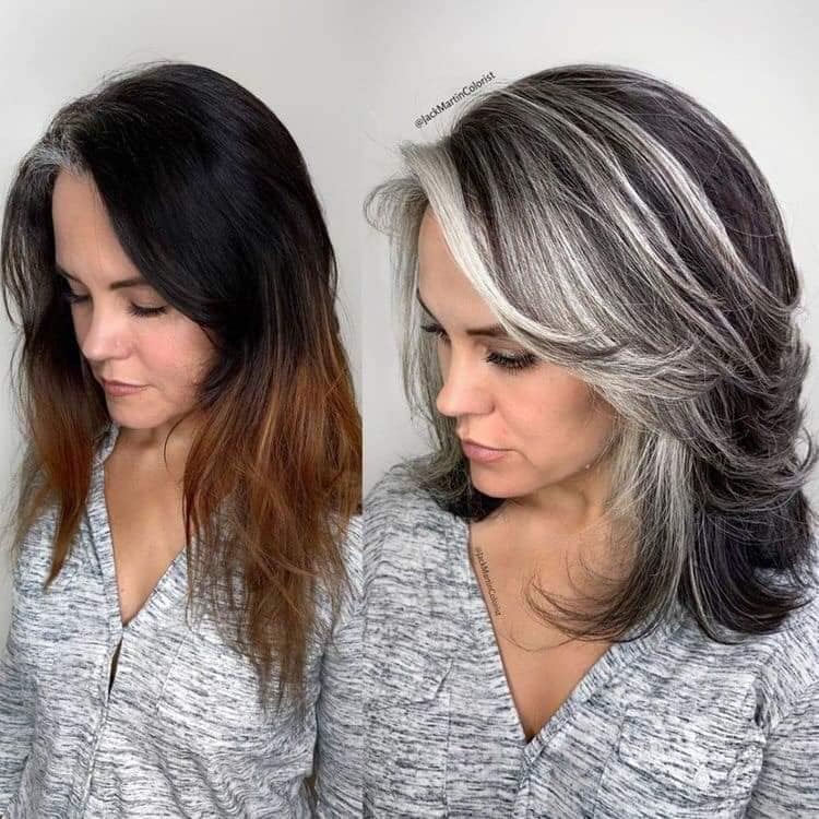 Cubra seus cabelos grisalhos com a cor Prata ou Cinza antes e depois das 5