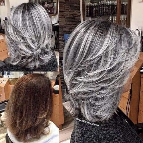 Couvrez vos cheveux gris avec une couleur argentée ou cendrée allant du brun foncé au bob délavé cendré