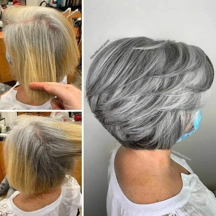 Couvrez vos cheveux gris avec des cheveux courts argentés ou blonds cendrés à argentés