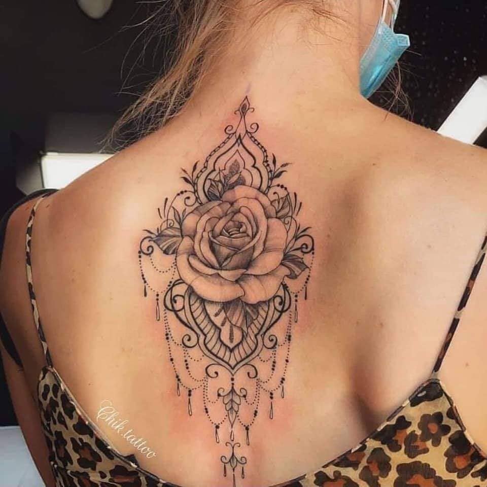 Full Back Woman Large Rose Ornament and Dream Catcher background at the base of the neck