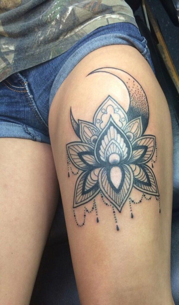 Lotus Flower on Thigh of Woman with Crescent Moon