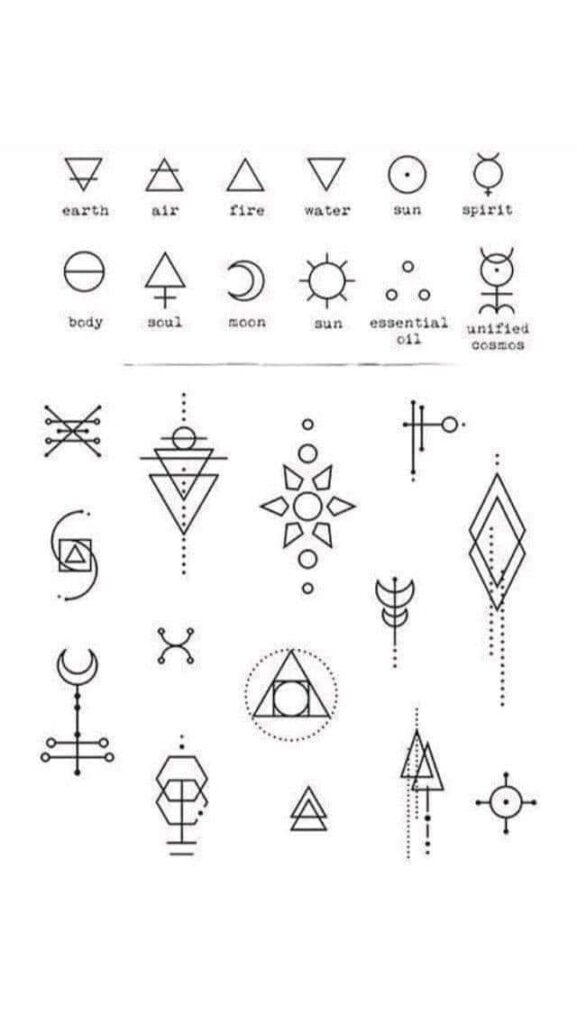 Idee Schizzi e Stencil per tatuaggi Simboli Terra Aria Fuoco Sole Spiritu Corpo Luna Olio essenziale Cosmo unificato