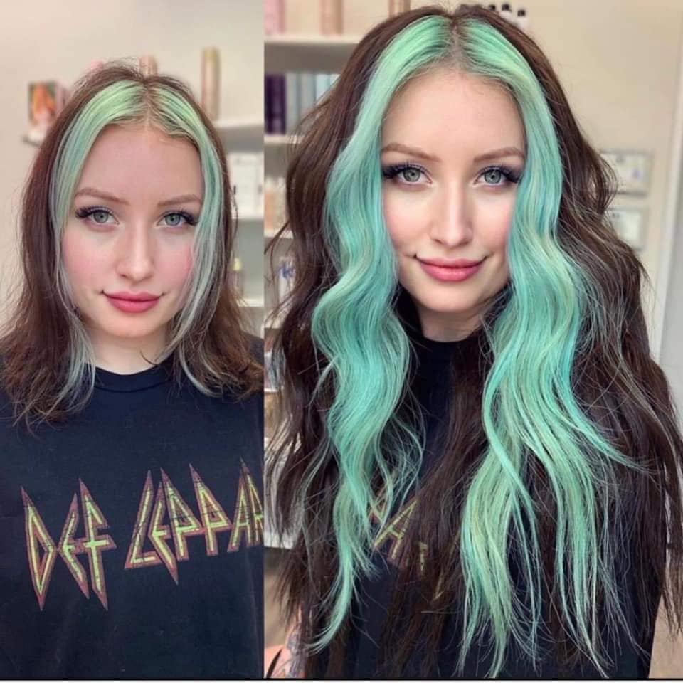 Idéias para uma mudança de visual duas mechas verdes em franja em cabelos longos