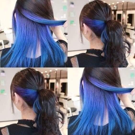 Idées pour un changement de look touches bleues à la base des cheveux derrière