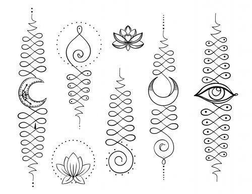 Infográficos Esboços Modelos de tatuagem de Unalome quatro mitives com flor de lótus de olhos de lua