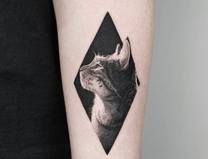 Los mejores tatuajes de gatos realista negro inscripto en Rombo