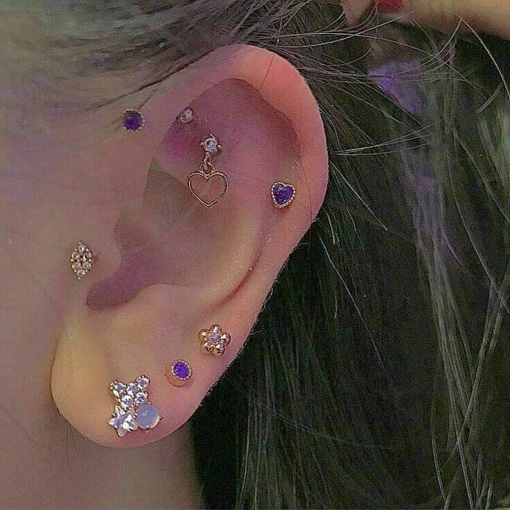Accessori per piercing all'orecchio da donna a forma di cuore viola, cuore dorato, perla, piccole gemme viola
