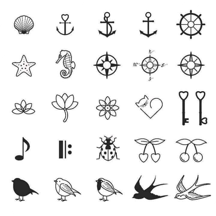 Stencils Sketches Tattoo Ideas Seashells Anchors Rudders Hippocampus Flowers Ladybugs Cherries Gabiota Birds Starfish