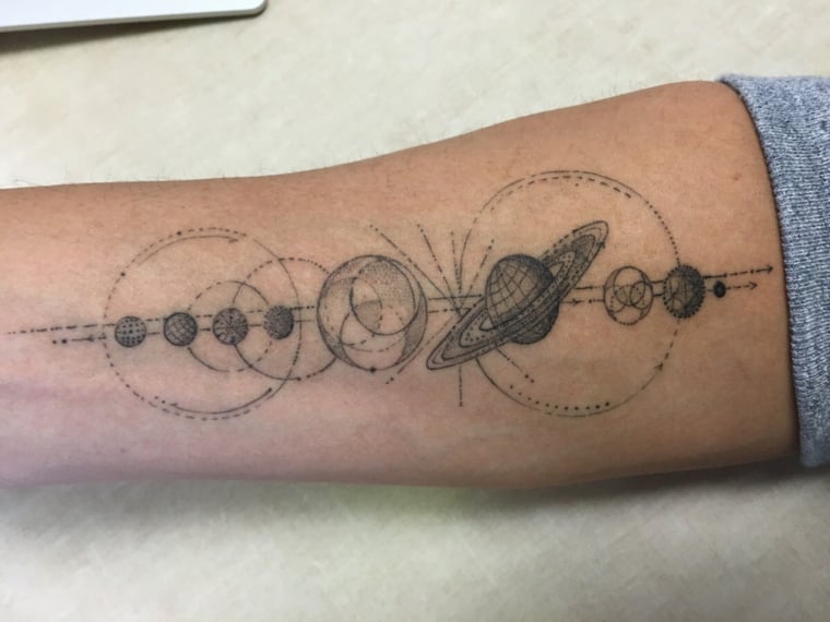Tatuaje Brazo Hombre sistema planetario con circulos y rectas en antebrazo