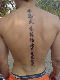 Tatuaggio a colonna intera con simboli cinesi lungo l'uomo