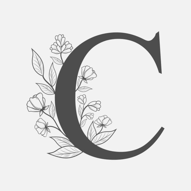 Esboço da letra C da tatuagem com ramos de flor