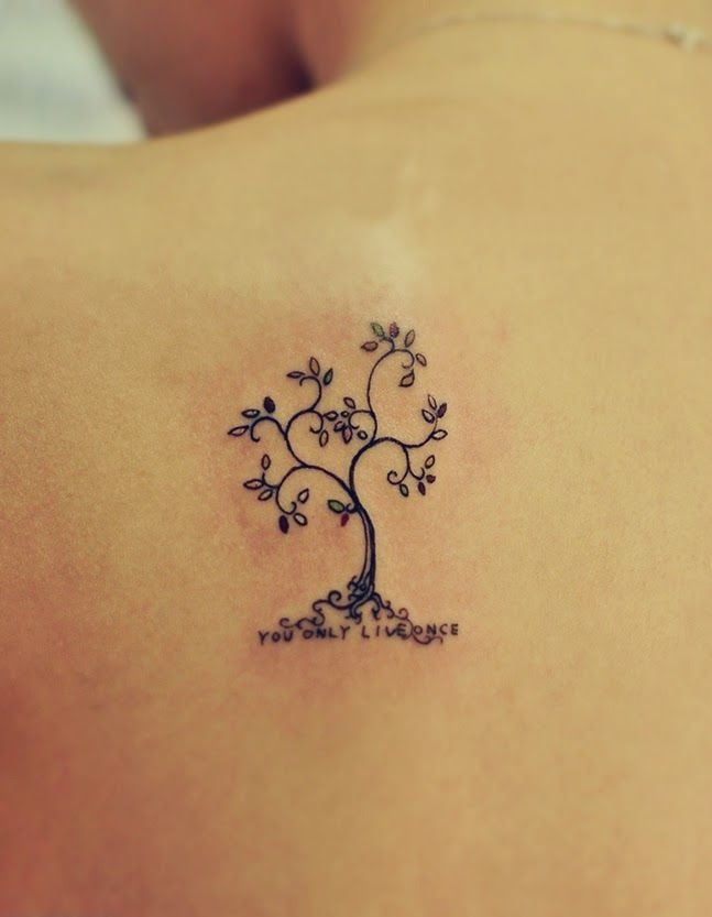 Tatuaggio dell'albero della vita sulla spalla con la scritta You Only Live Once Si vive solo una volta