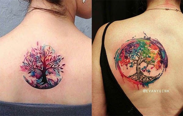 Tatuagem de árvore da vida colorida nas costas mulher