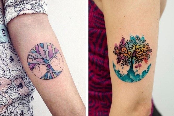 Tatuagem da árvore da vida inscrita em círculos no antebraço e no braço