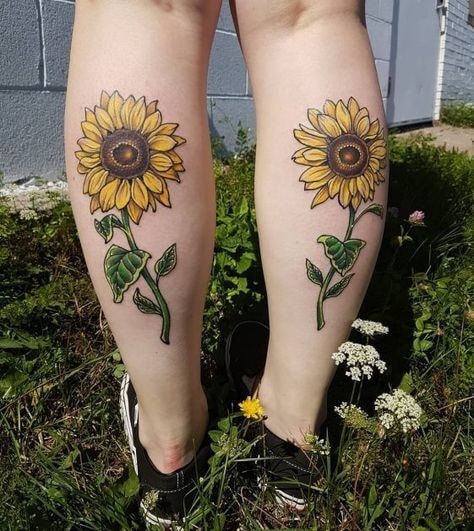 Paired Sunflower Tattoo on Calf 5
