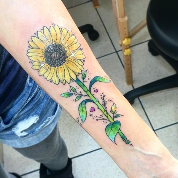 Sonnenblumen-Tattoo auf Arm und Handgelenk