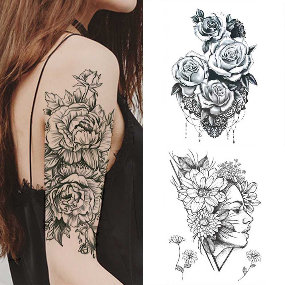 Modèle d'idée de tatouage de manche Fleurs et visage de femme