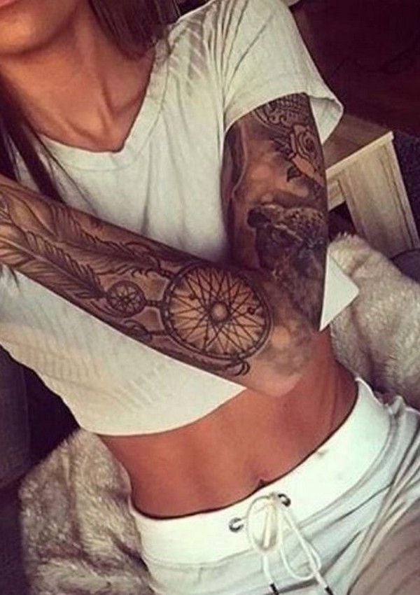 Angel Caller Sleeve Tattoo with Feathers and Flowers