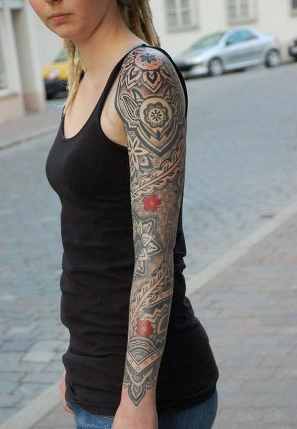 Sleeve Tattoo Patterns with details of two red flowers