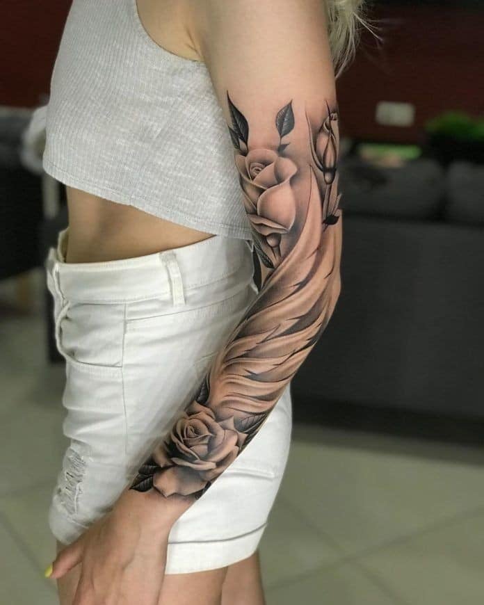 Rose Sapling Feathers Sleeve Tattoo