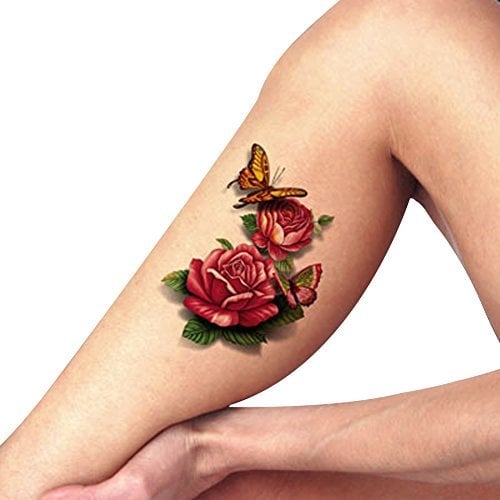 Tatuaje de Mariposa 3D con rosas en brazo