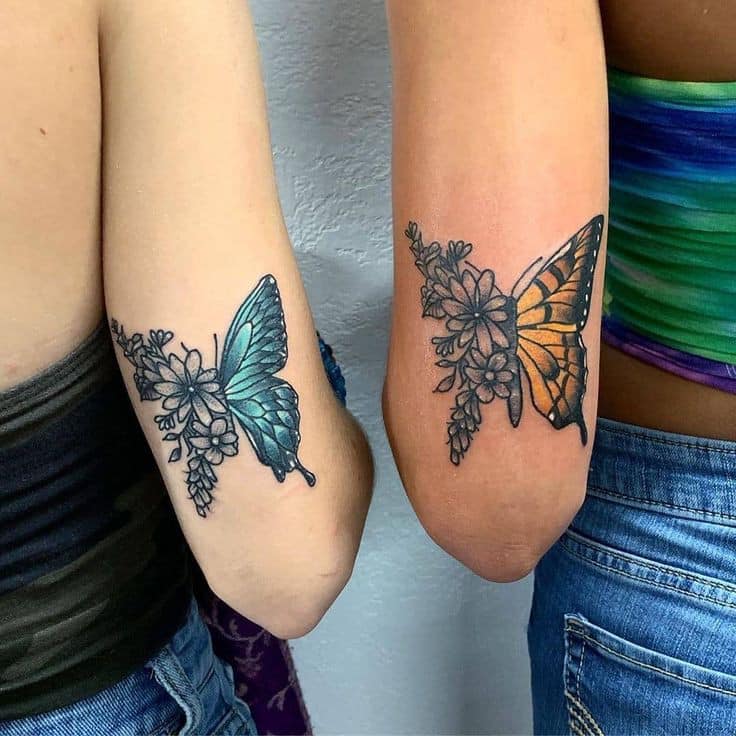 Tatuaggio farfalla per coppie, sorelle, amiche, una blu e l'altra arancione