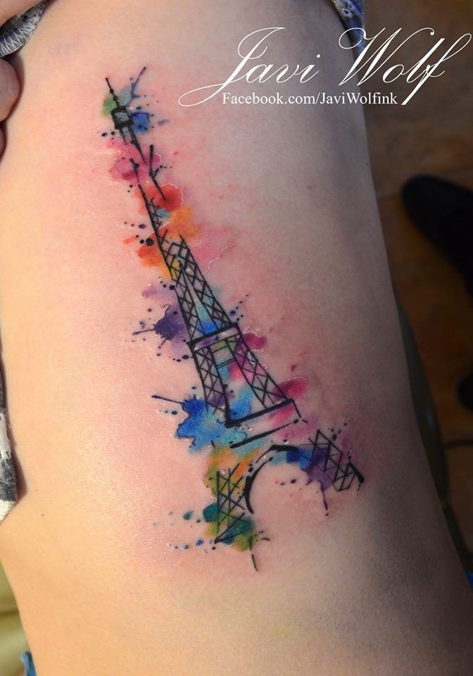 Watercolor type Eiffel Tower tattoo