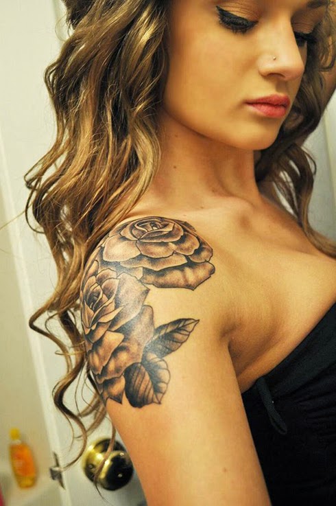 Tattoo on the Shoulder Woman Roses filled with Gradient