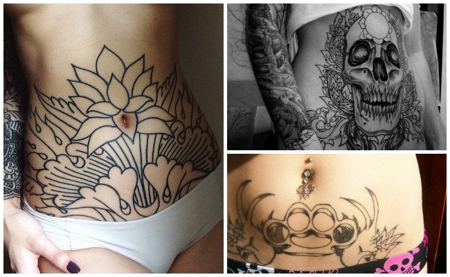 Tatuaggi Addome Pancia Pancia Vari motivi teschio, fiore di loto e osso