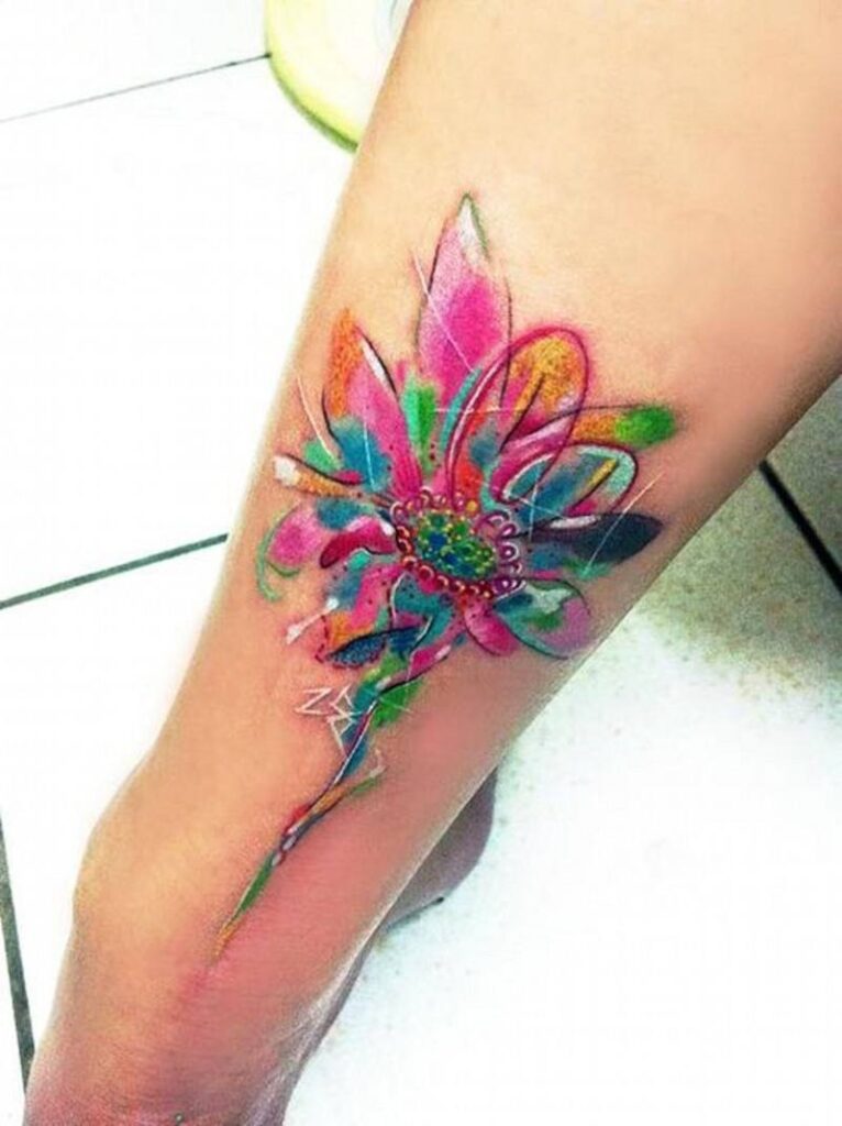 Tattoos Art Beauty Ideas Watercolor Flower in Bright Shades of Fucksia Green Orange Beautiful Calf