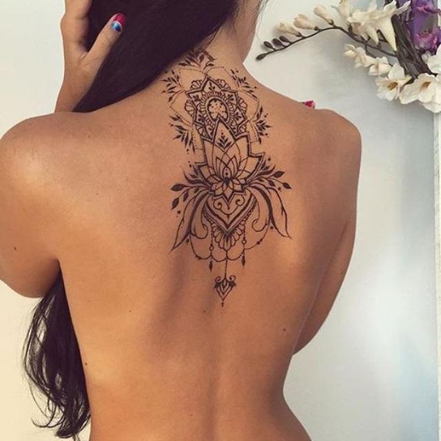 Tattoos Art Beauty Ideas Lotus Flower and Madala on the Back between the shoulder blades and along the spine